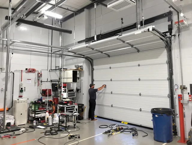 Swansea Garage Door Repair certified technician performing commercial door repair at a Swansea business facility