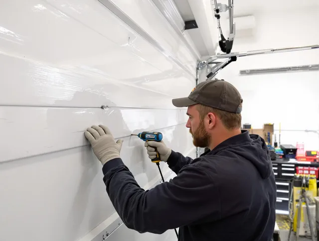 Swansea Garage Door Repair technician demonstrating precision dent removal techniques on a Swansea garage door